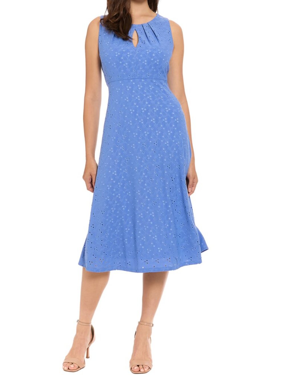 London Times Women's Sleeveless Eyelet A-Line Keyhole Midi Dress Periwinkle Blue